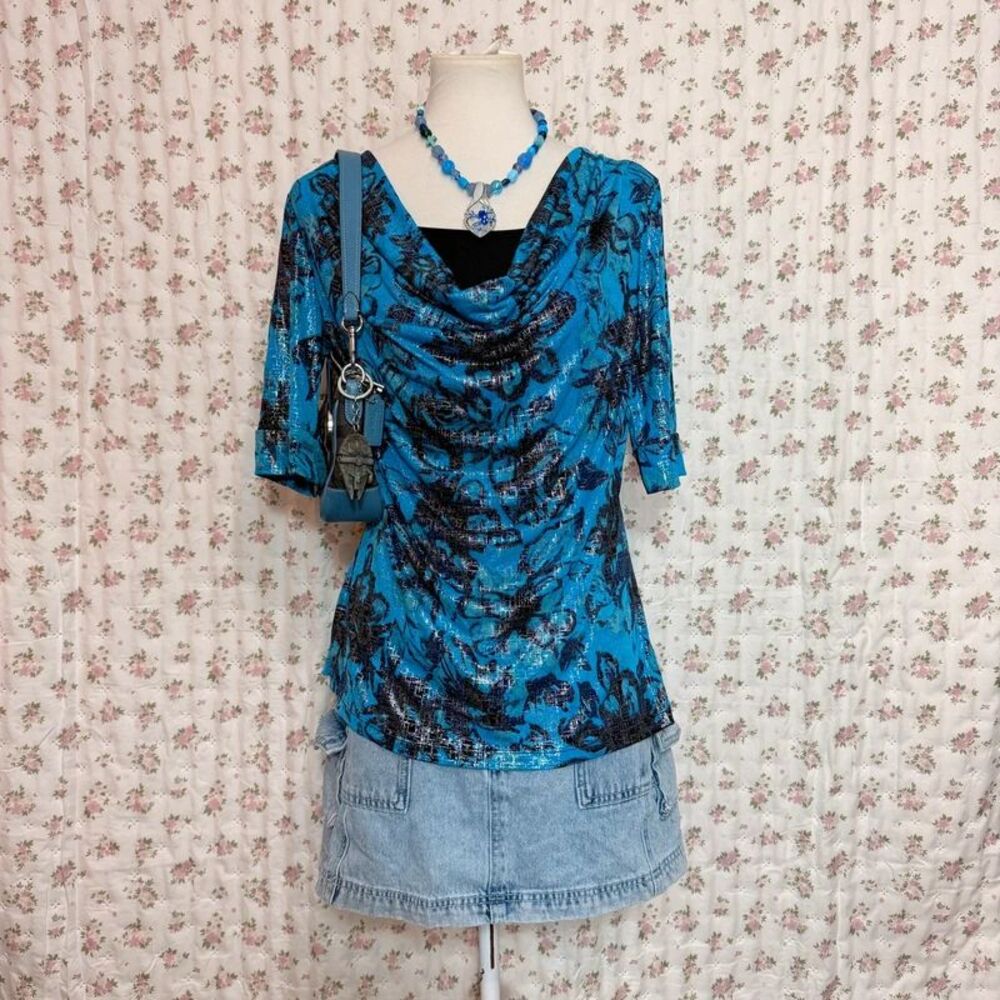 Vintage 2000s Shimmery Cowl Neck Top Quarter Sleeve Black Lining L